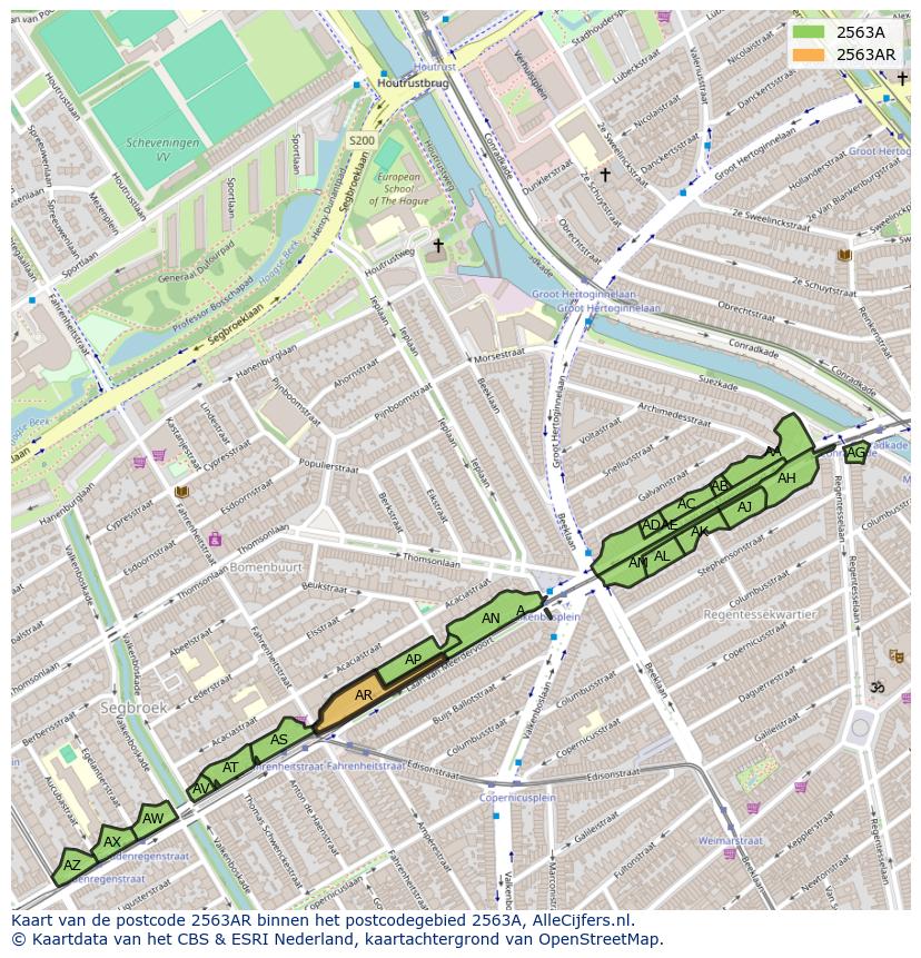Afbeelding van het postcodegebied 2563 AR op de kaart.