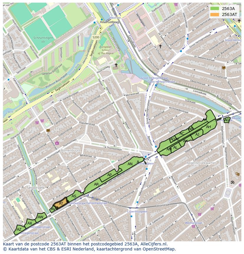 Afbeelding van het postcodegebied 2563 AT op de kaart.
