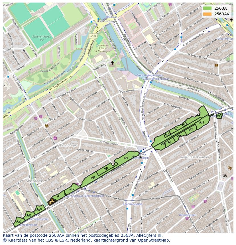 Afbeelding van het postcodegebied 2563 AV op de kaart.
