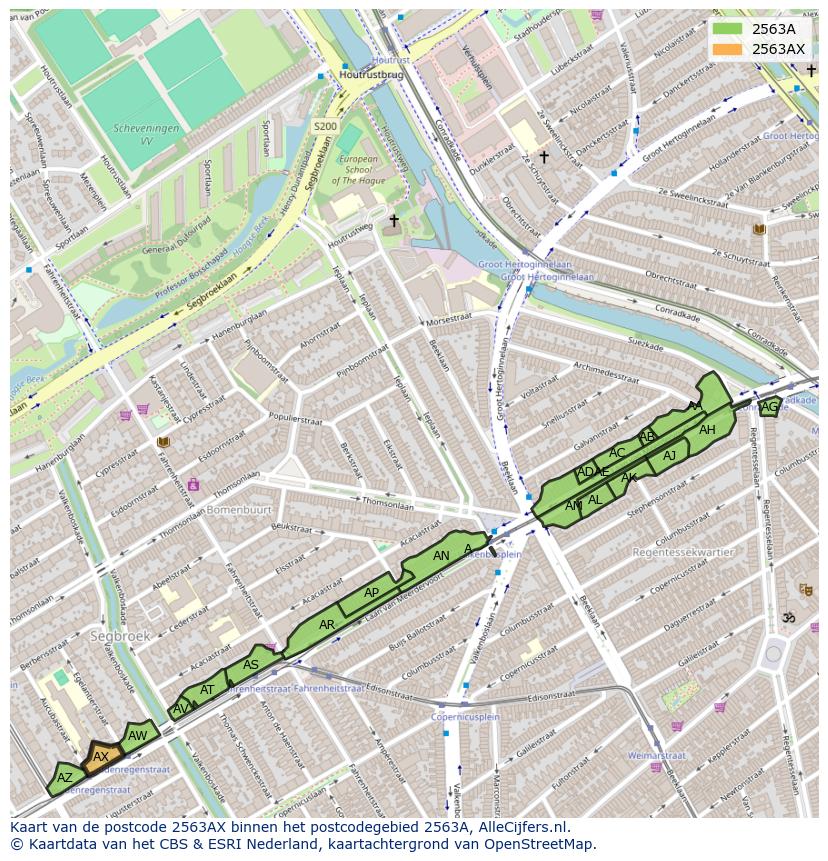 Afbeelding van het postcodegebied 2563 AX op de kaart.