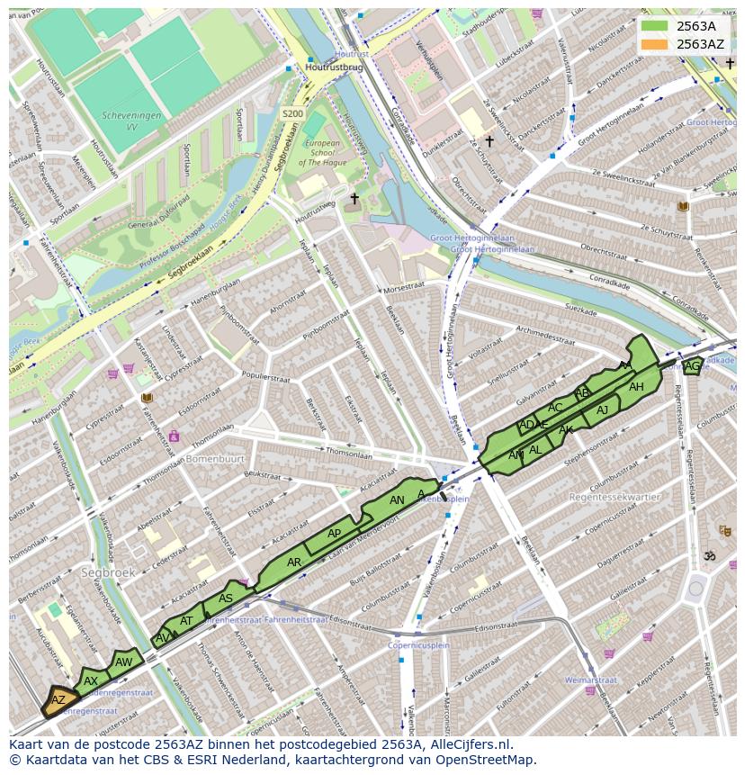 Afbeelding van het postcodegebied 2563 AZ op de kaart.