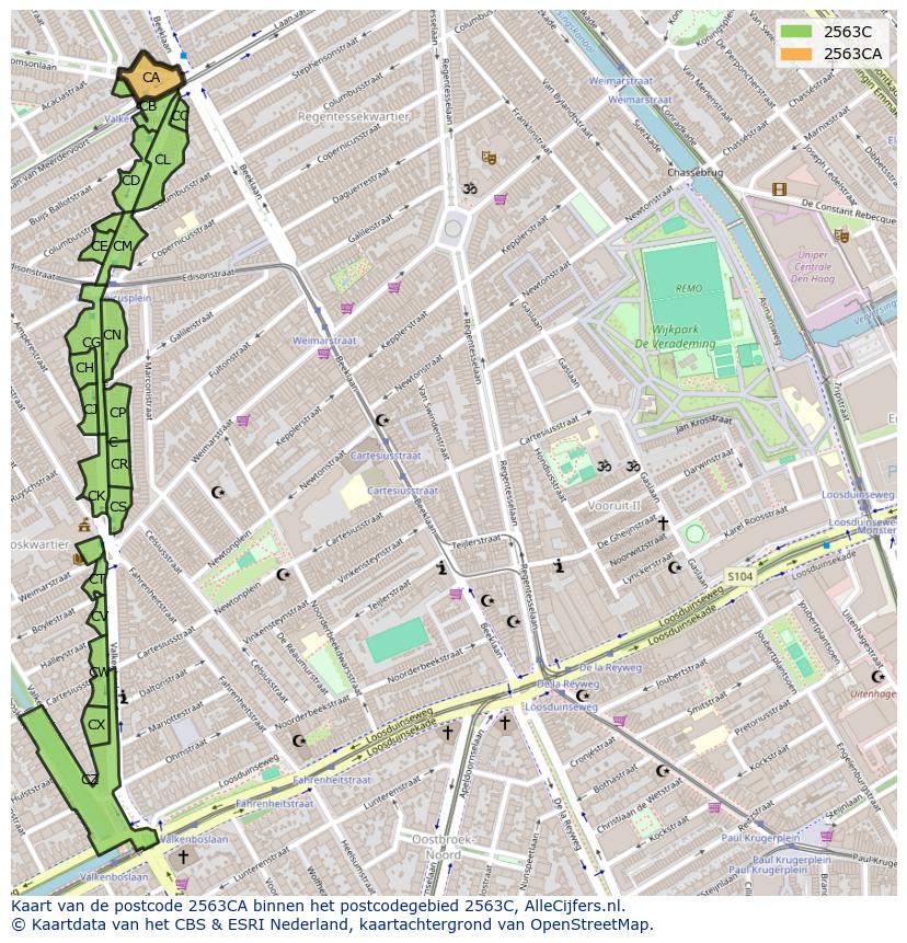 Afbeelding van het postcodegebied 2563 CA op de kaart.