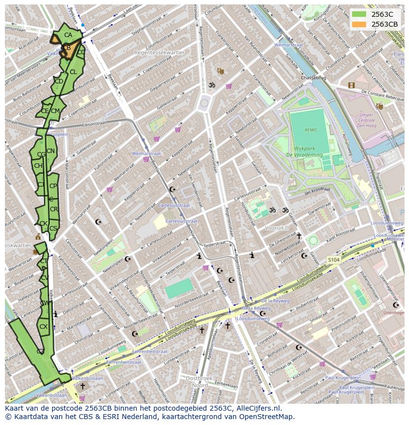 Afbeelding van het postcodegebied 2563 CB op de kaart.