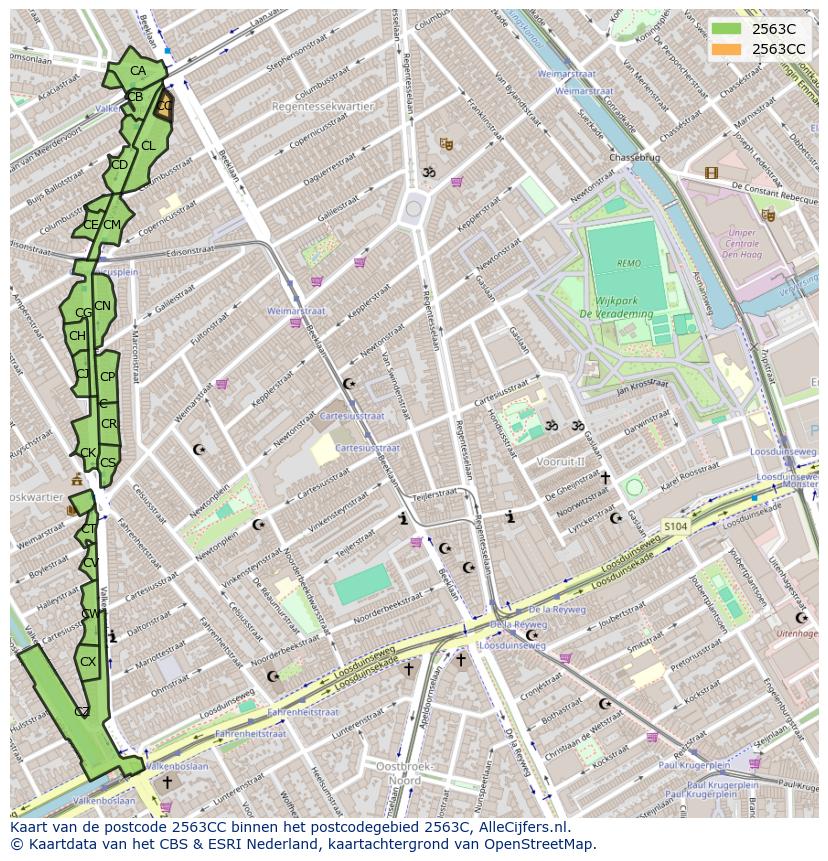 Afbeelding van het postcodegebied 2563 CC op de kaart.