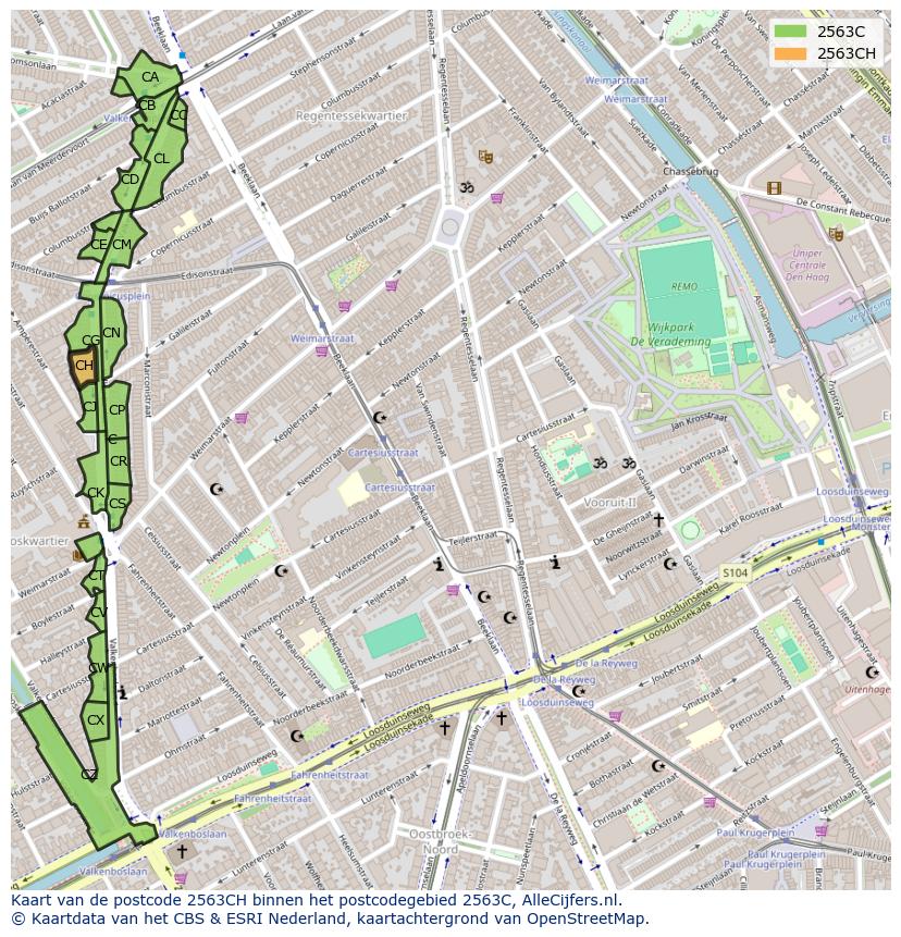 Afbeelding van het postcodegebied 2563 CH op de kaart.