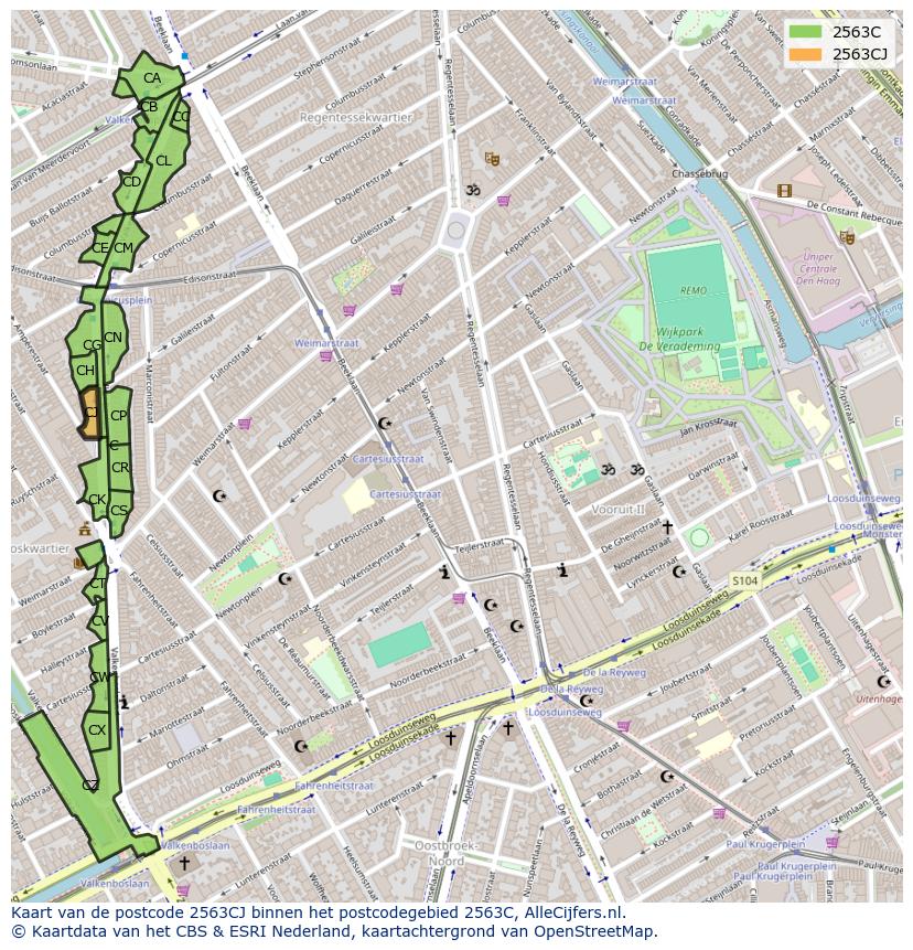 Afbeelding van het postcodegebied 2563 CJ op de kaart.