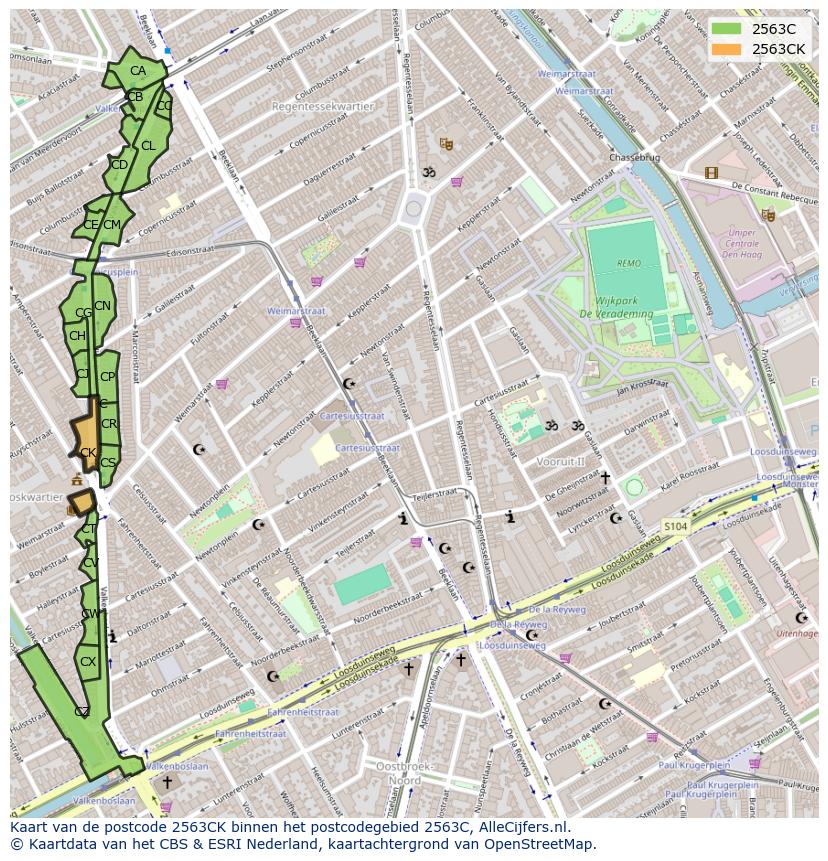 Afbeelding van het postcodegebied 2563 CK op de kaart.
