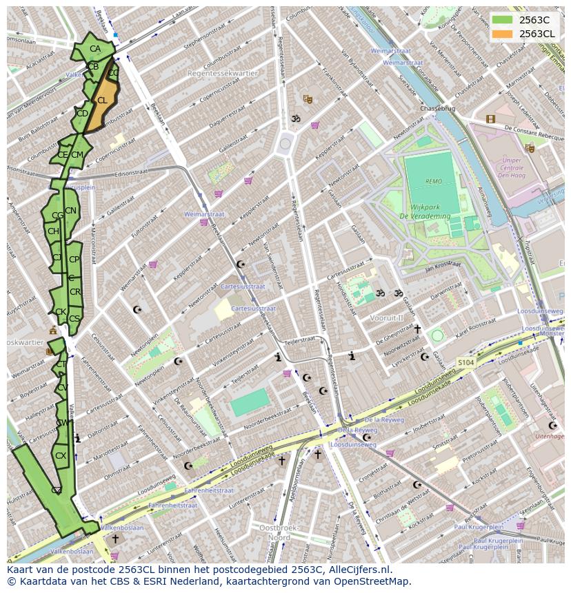Afbeelding van het postcodegebied 2563 CL op de kaart.