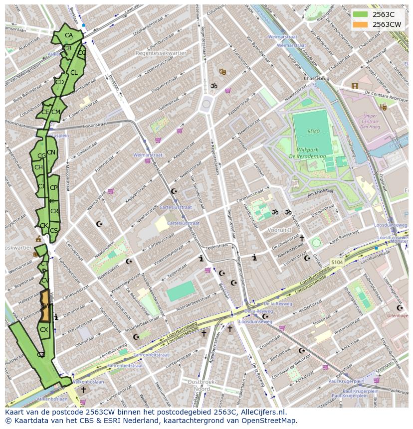 Afbeelding van het postcodegebied 2563 CW op de kaart.