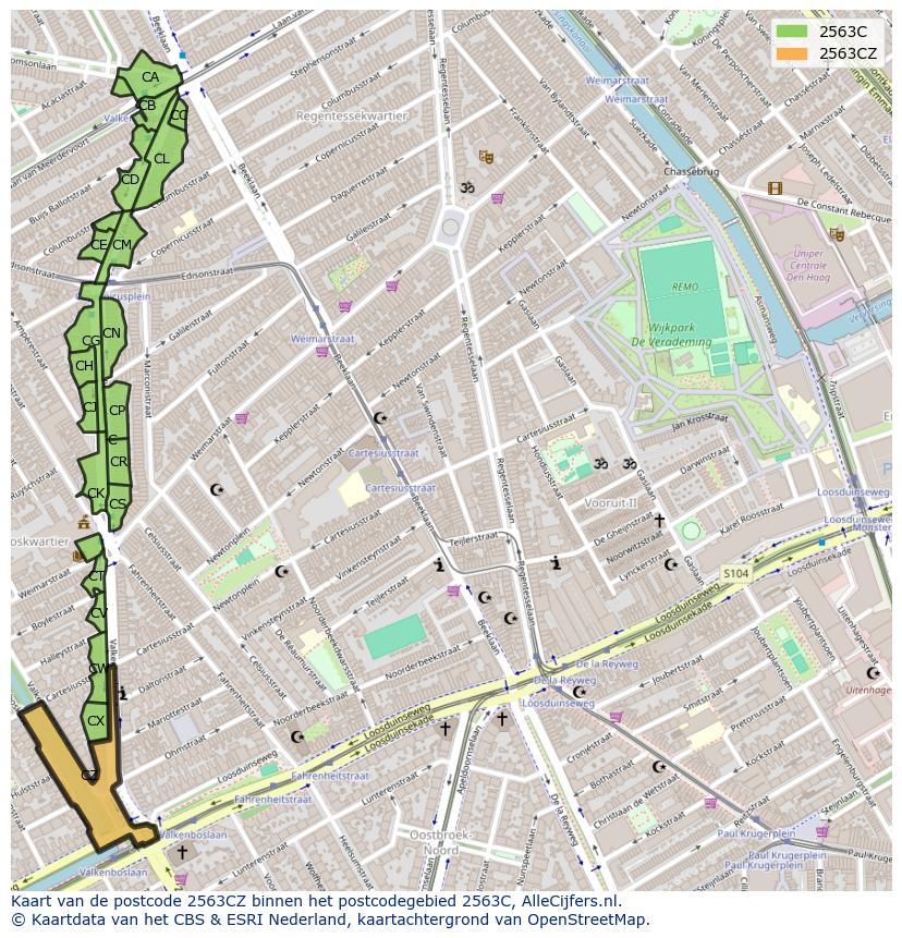 Afbeelding van het postcodegebied 2563 CZ op de kaart.