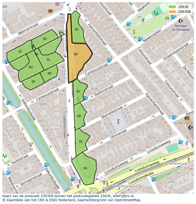 Afbeelding van het postcodegebied 2563 EB op de kaart.