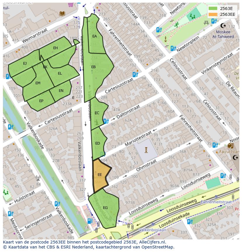 Afbeelding van het postcodegebied 2563 EE op de kaart.