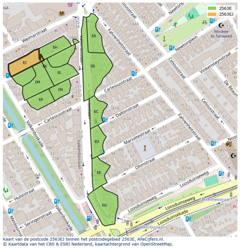 Afbeelding van het postcodegebied 2563 EJ op de kaart.