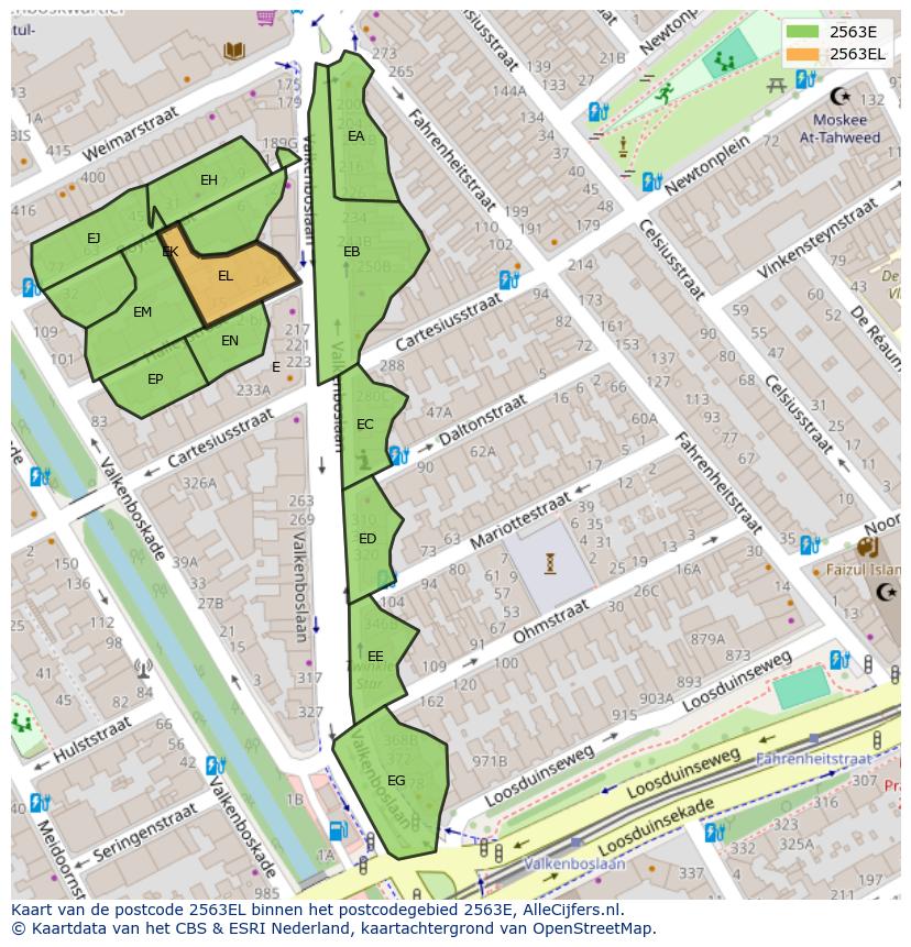 Afbeelding van het postcodegebied 2563 EL op de kaart.