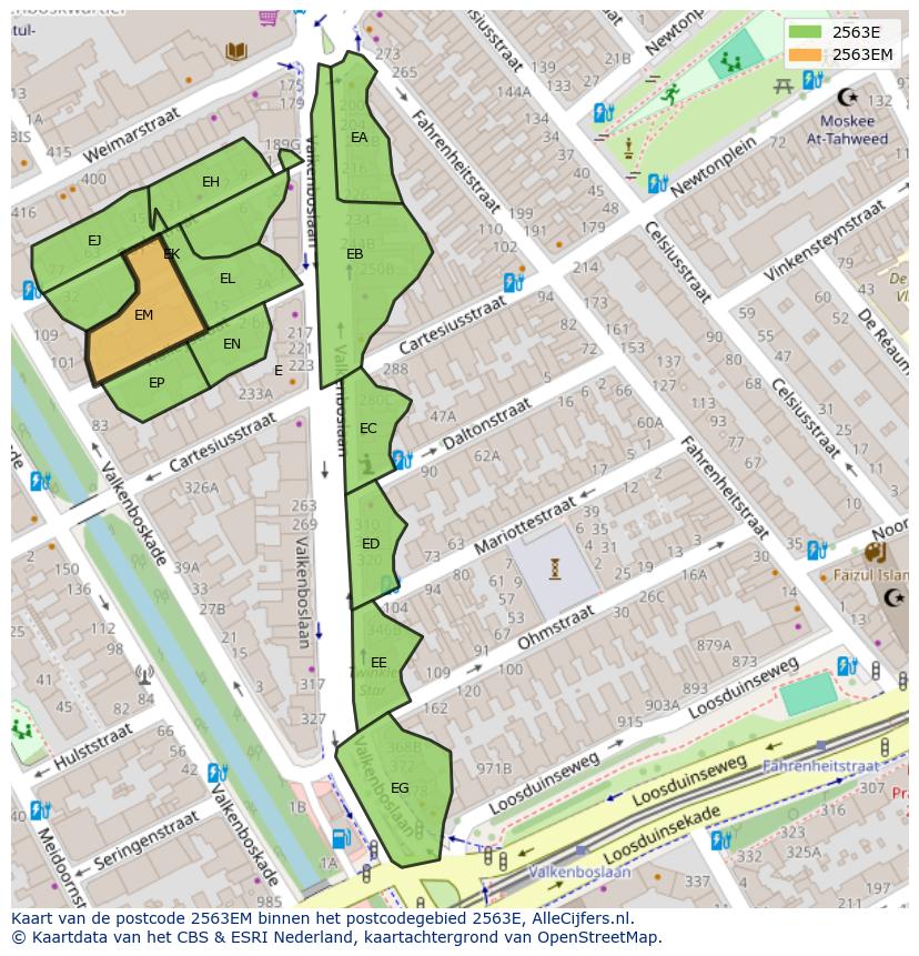 Afbeelding van het postcodegebied 2563 EM op de kaart.