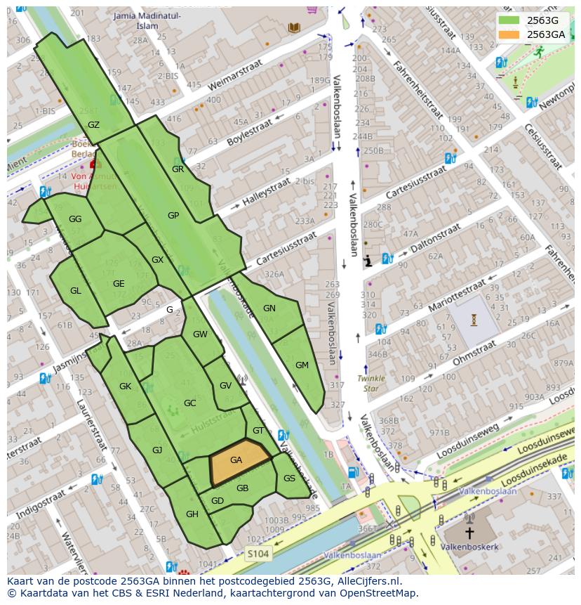 Afbeelding van het postcodegebied 2563 GA op de kaart.