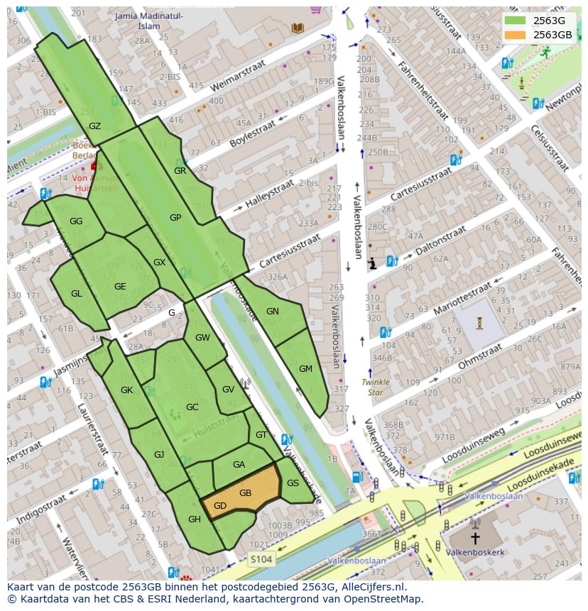Afbeelding van het postcodegebied 2563 GB op de kaart.