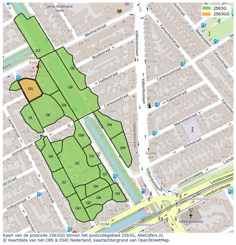 Afbeelding van het postcodegebied 2563 GG op de kaart.