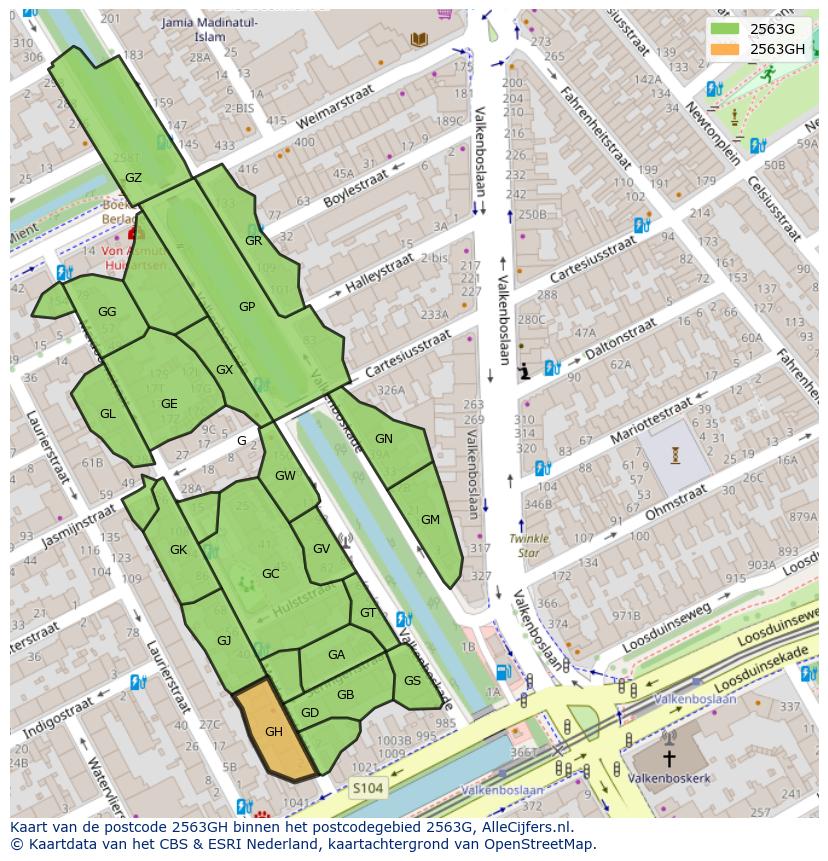Afbeelding van het postcodegebied 2563 GH op de kaart.