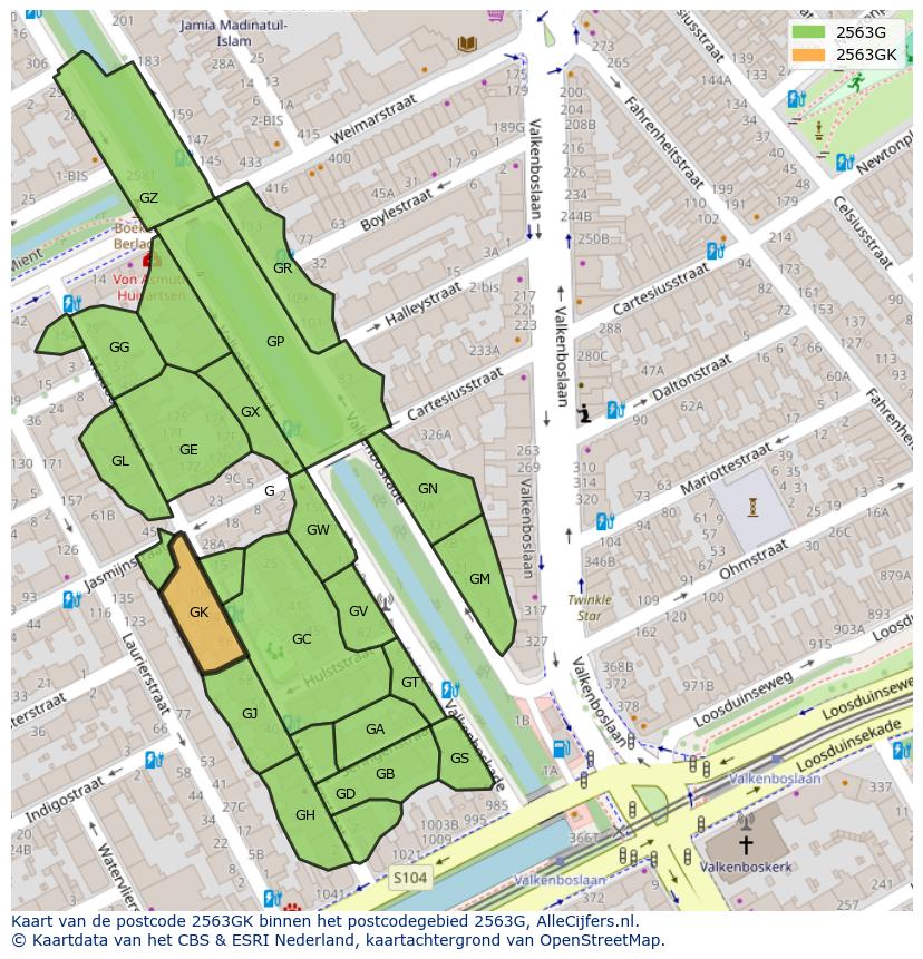Afbeelding van het postcodegebied 2563 GK op de kaart.