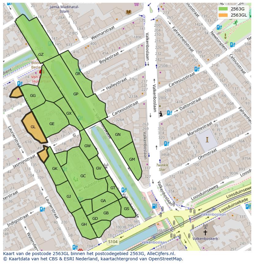 Afbeelding van het postcodegebied 2563 GL op de kaart.