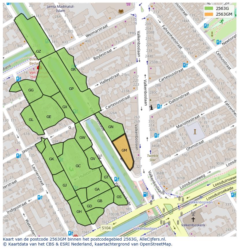 Afbeelding van het postcodegebied 2563 GM op de kaart.