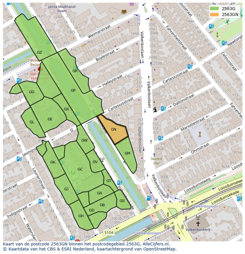 Afbeelding van het postcodegebied 2563 GN op de kaart.