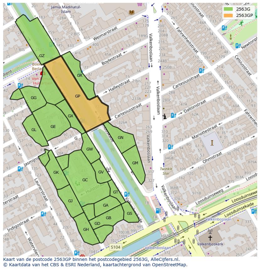 Afbeelding van het postcodegebied 2563 GP op de kaart.