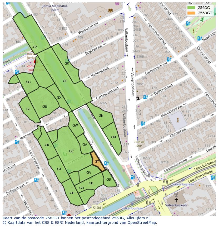 Afbeelding van het postcodegebied 2563 GT op de kaart.