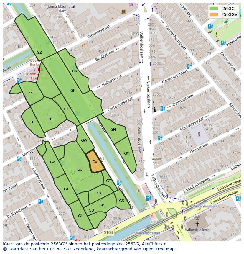 Afbeelding van het postcodegebied 2563 GV op de kaart.