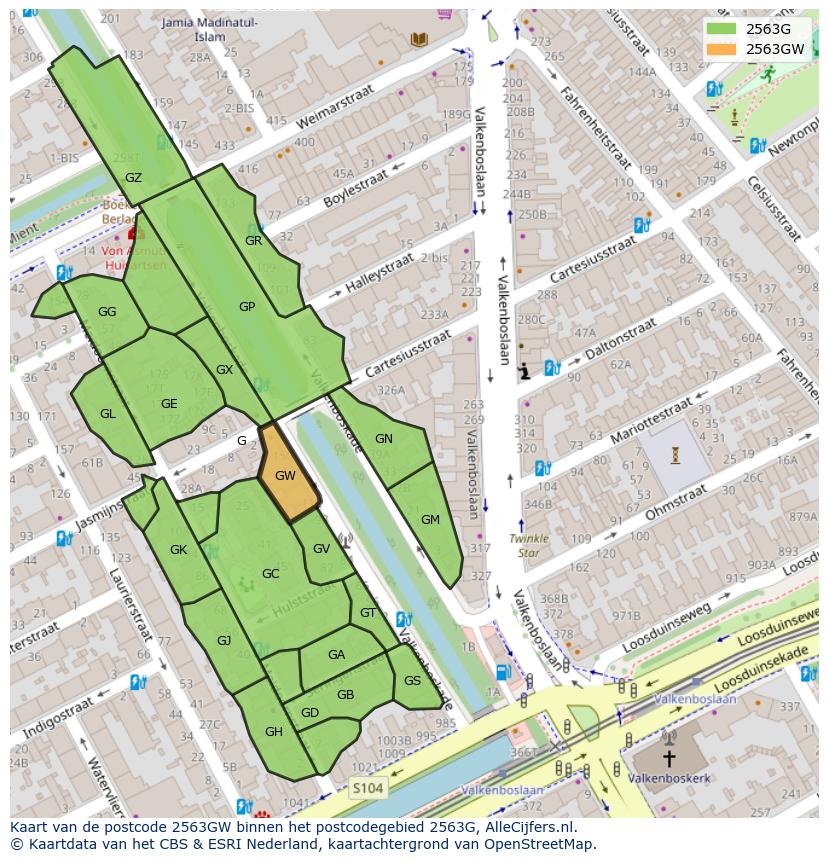 Afbeelding van het postcodegebied 2563 GW op de kaart.
