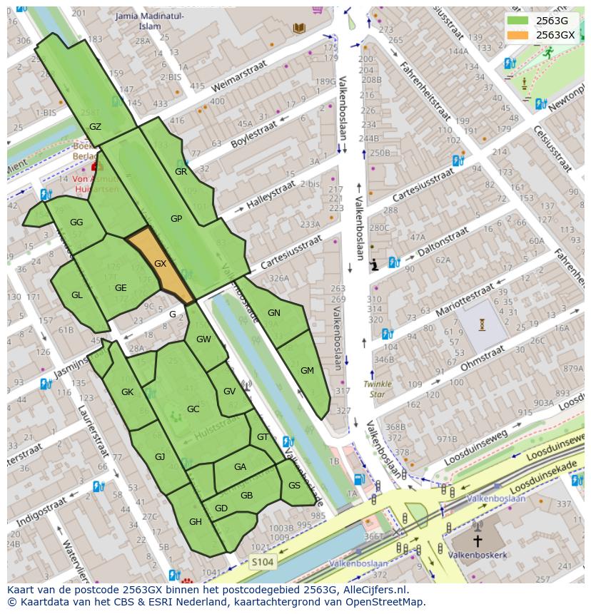 Afbeelding van het postcodegebied 2563 GX op de kaart.