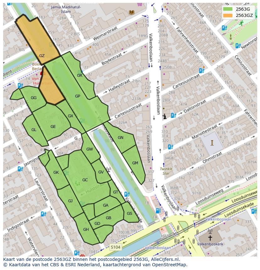 Afbeelding van het postcodegebied 2563 GZ op de kaart.