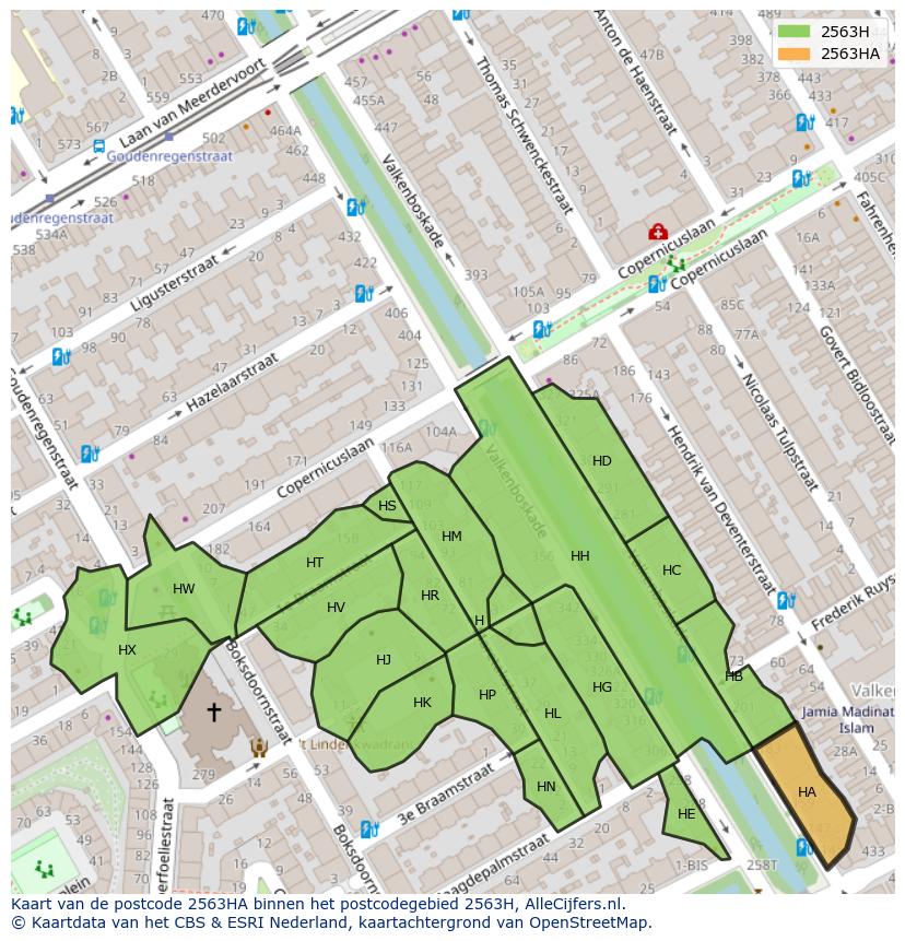 Afbeelding van het postcodegebied 2563 HA op de kaart.