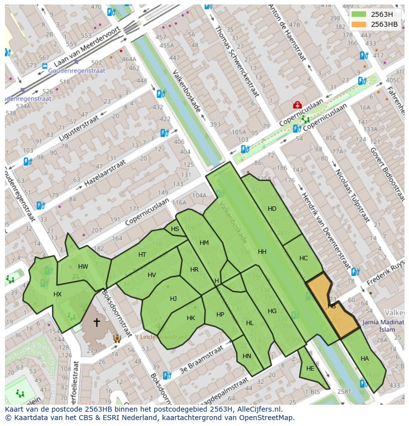 Afbeelding van het postcodegebied 2563 HB op de kaart.