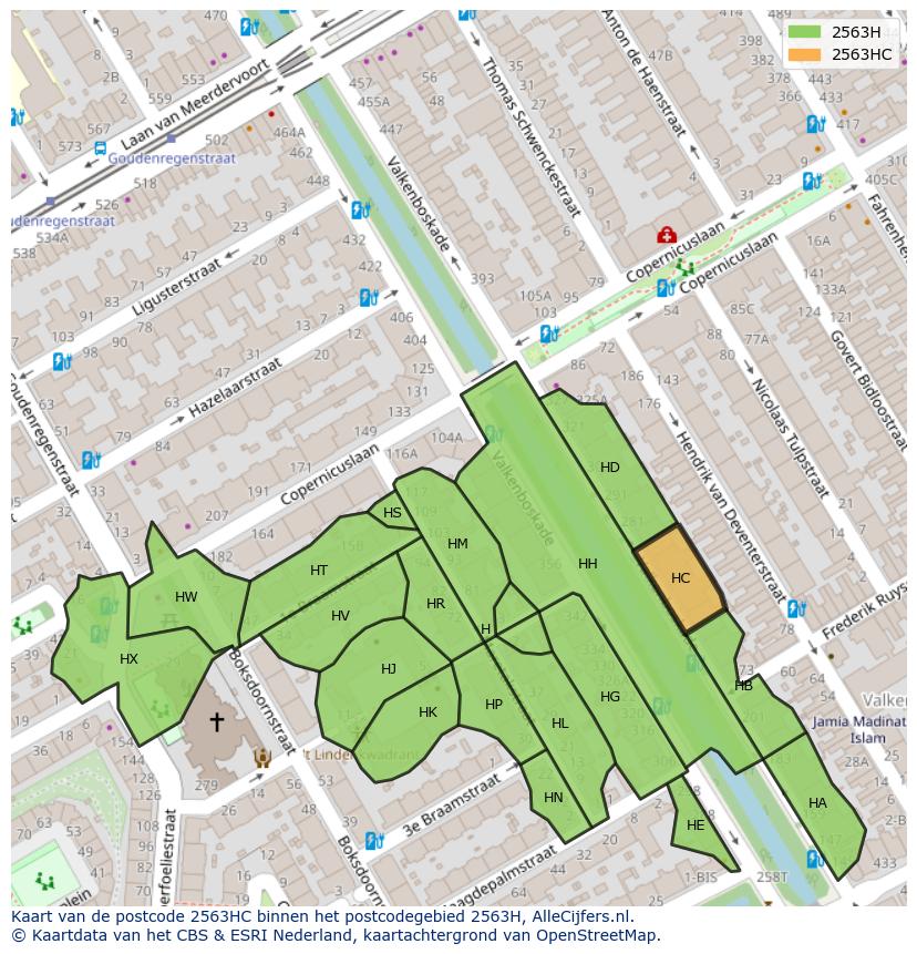 Afbeelding van het postcodegebied 2563 HC op de kaart.