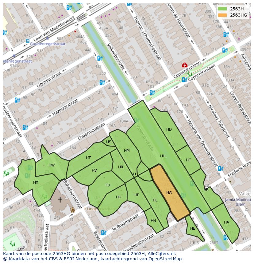 Afbeelding van het postcodegebied 2563 HG op de kaart.