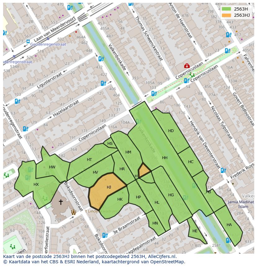 Afbeelding van het postcodegebied 2563 HJ op de kaart.
