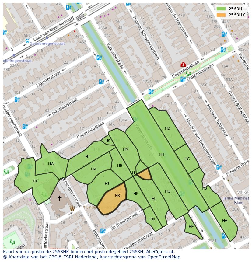 Afbeelding van het postcodegebied 2563 HK op de kaart.
