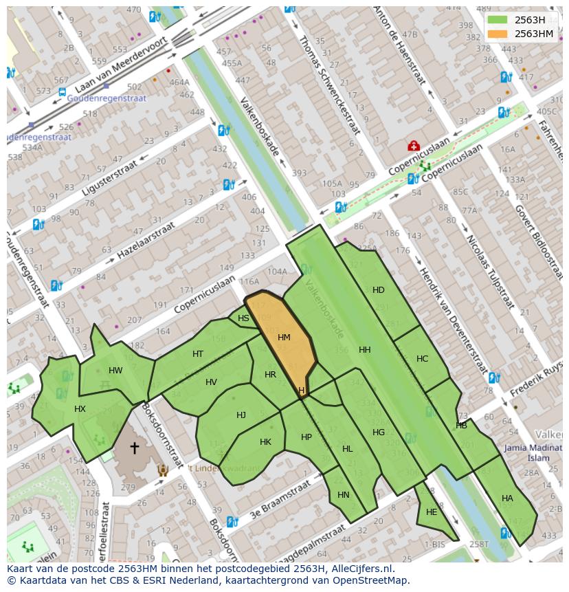Afbeelding van het postcodegebied 2563 HM op de kaart.