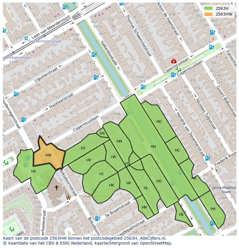 Afbeelding van het postcodegebied 2563 HW op de kaart.