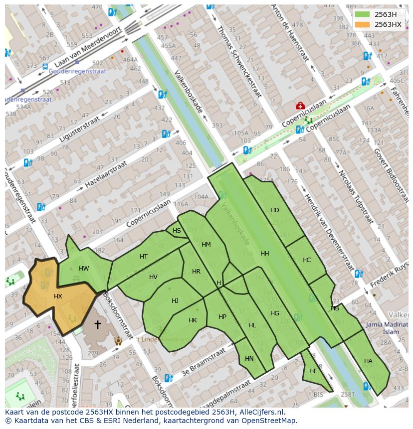 Afbeelding van het postcodegebied 2563 HX op de kaart.