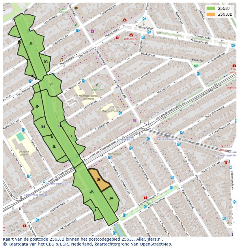 Afbeelding van het postcodegebied 2563 JB op de kaart.