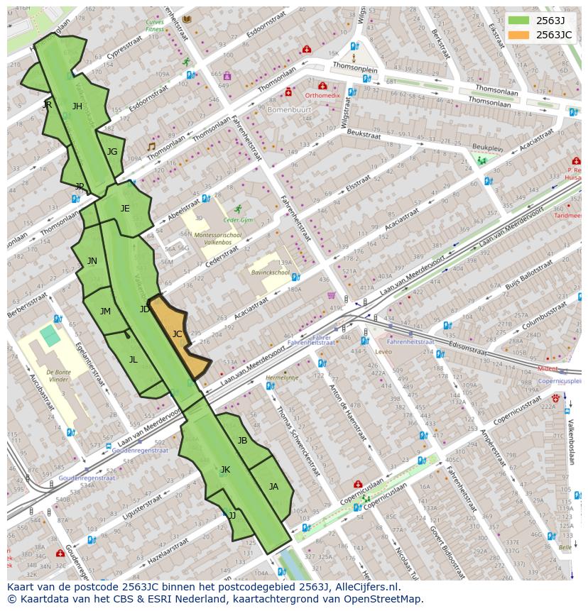 Afbeelding van het postcodegebied 2563 JC op de kaart.