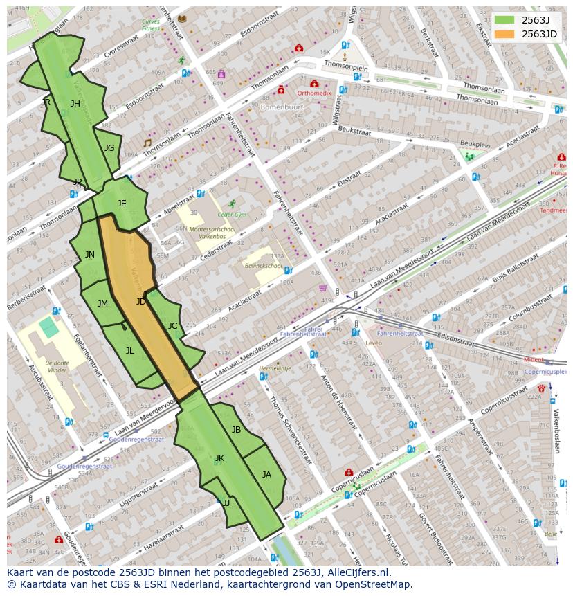 Afbeelding van het postcodegebied 2563 JD op de kaart.