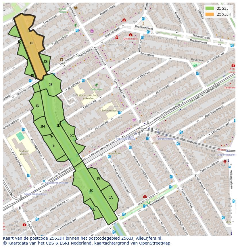 Afbeelding van het postcodegebied 2563 JH op de kaart.