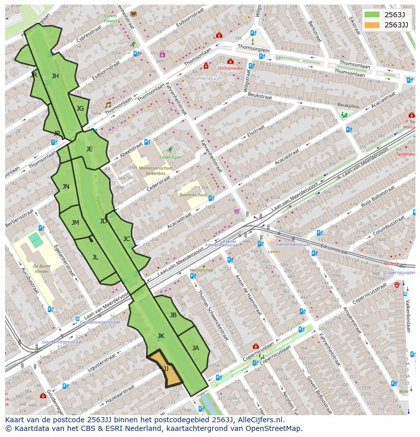 Afbeelding van het postcodegebied 2563 JJ op de kaart.