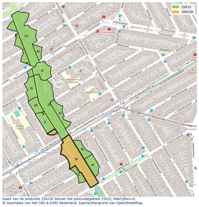 Afbeelding van het postcodegebied 2563 JK op de kaart.