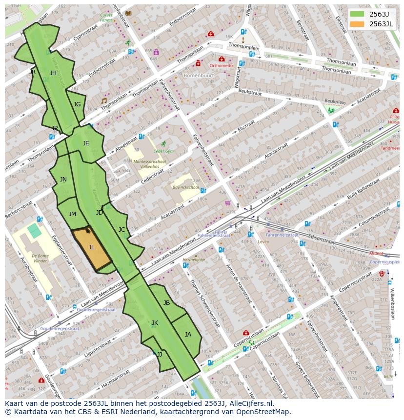 Afbeelding van het postcodegebied 2563 JL op de kaart.