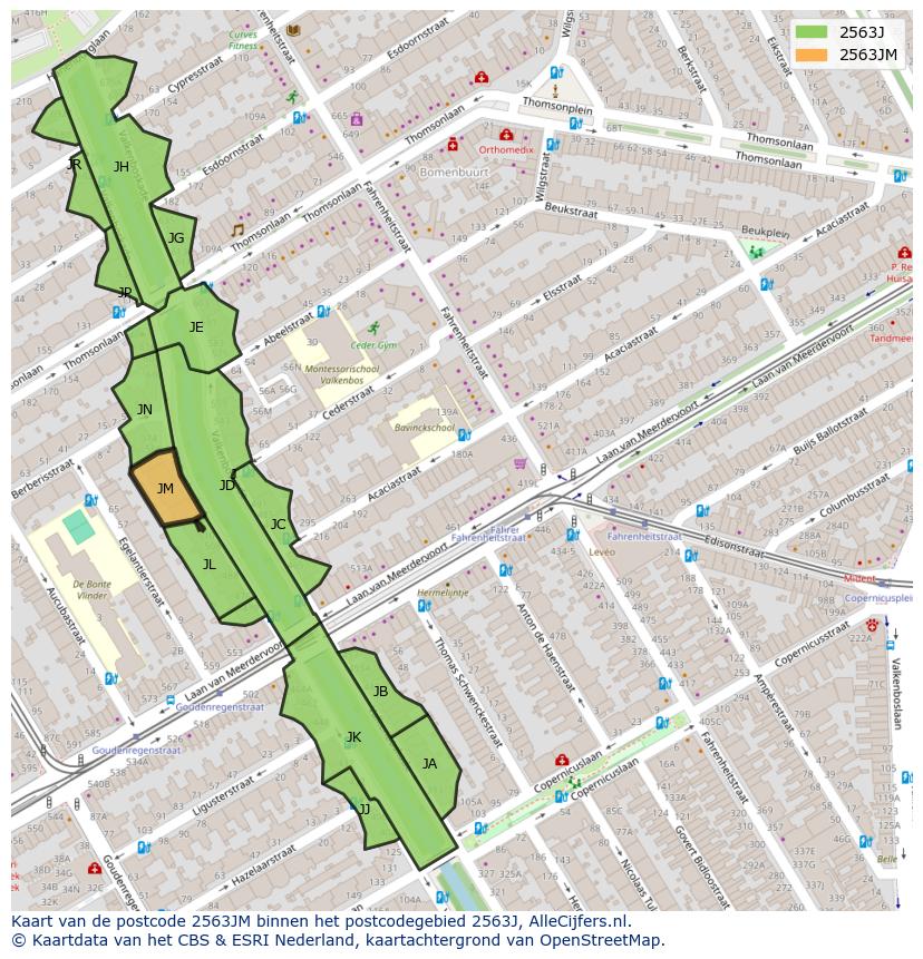 Afbeelding van het postcodegebied 2563 JM op de kaart.
